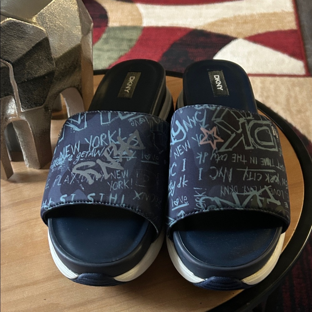 DKNY Graffiti Print Navy Slides